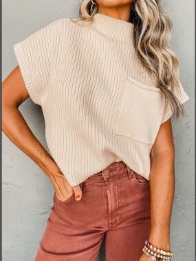 Unbranded Women Beige Ribbed Knit Mock Neck Pocket Sweater Size M